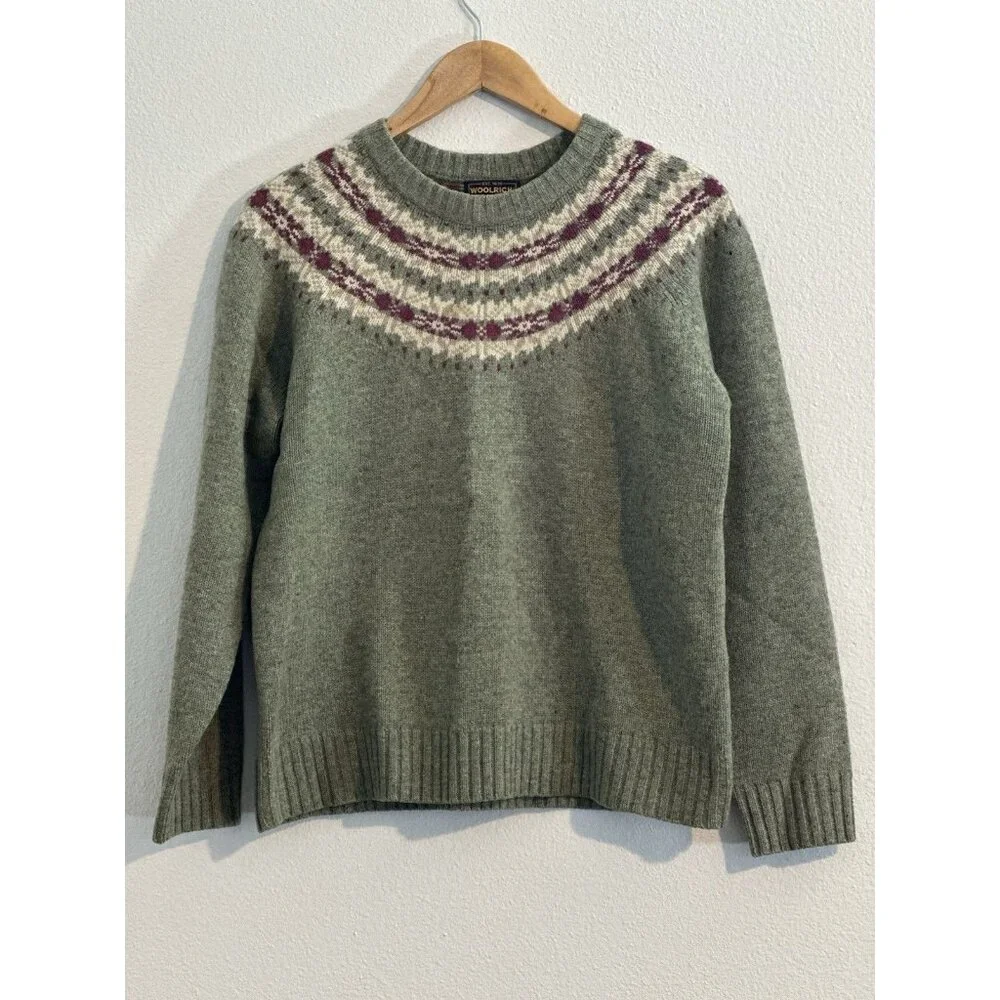 Woolrich Knit Wool Sweater womens size M Green crew Neck Fair Isle ski Willow - Picture 2 of 12